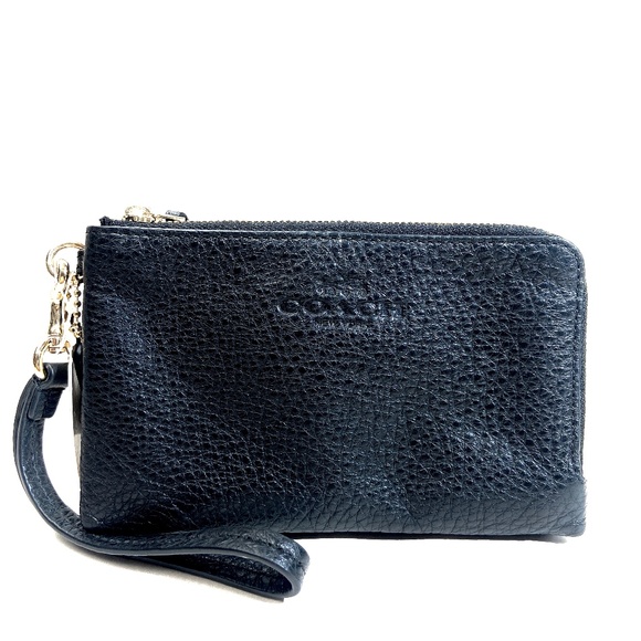 Coach Pebble Leather Double Corner Zip Wristlet - Black - Picture 1 of 6